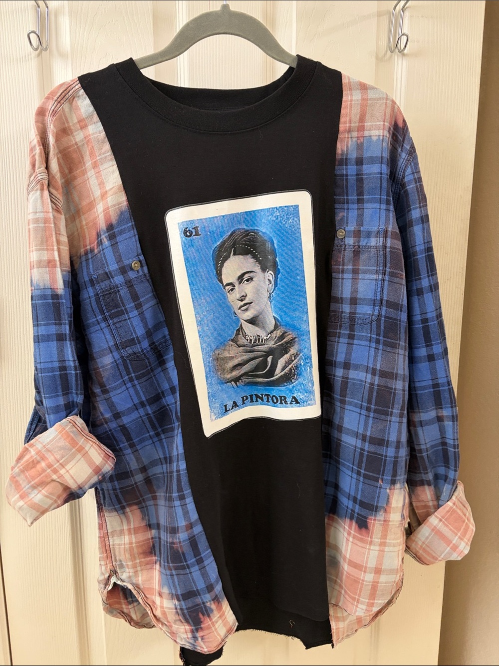 La Pintora Graphic Black Tee with Blue & Pink Plaid Overshirt